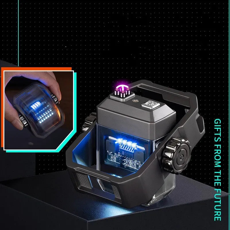 Blue zinc alloy double arc electric lighter with USB-C port and rotary gyroscope mechanism.