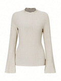 Long sleeve slim fit pullover top with lantern sleeves in black brushed polyester fabric