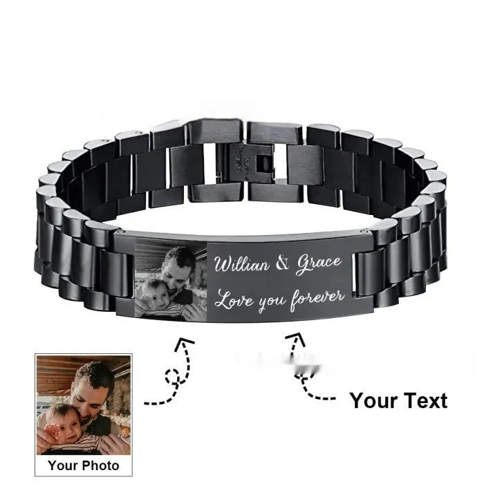 Titanium steel men's bracelet with curved heart shape and electroplated black lettering in gift box