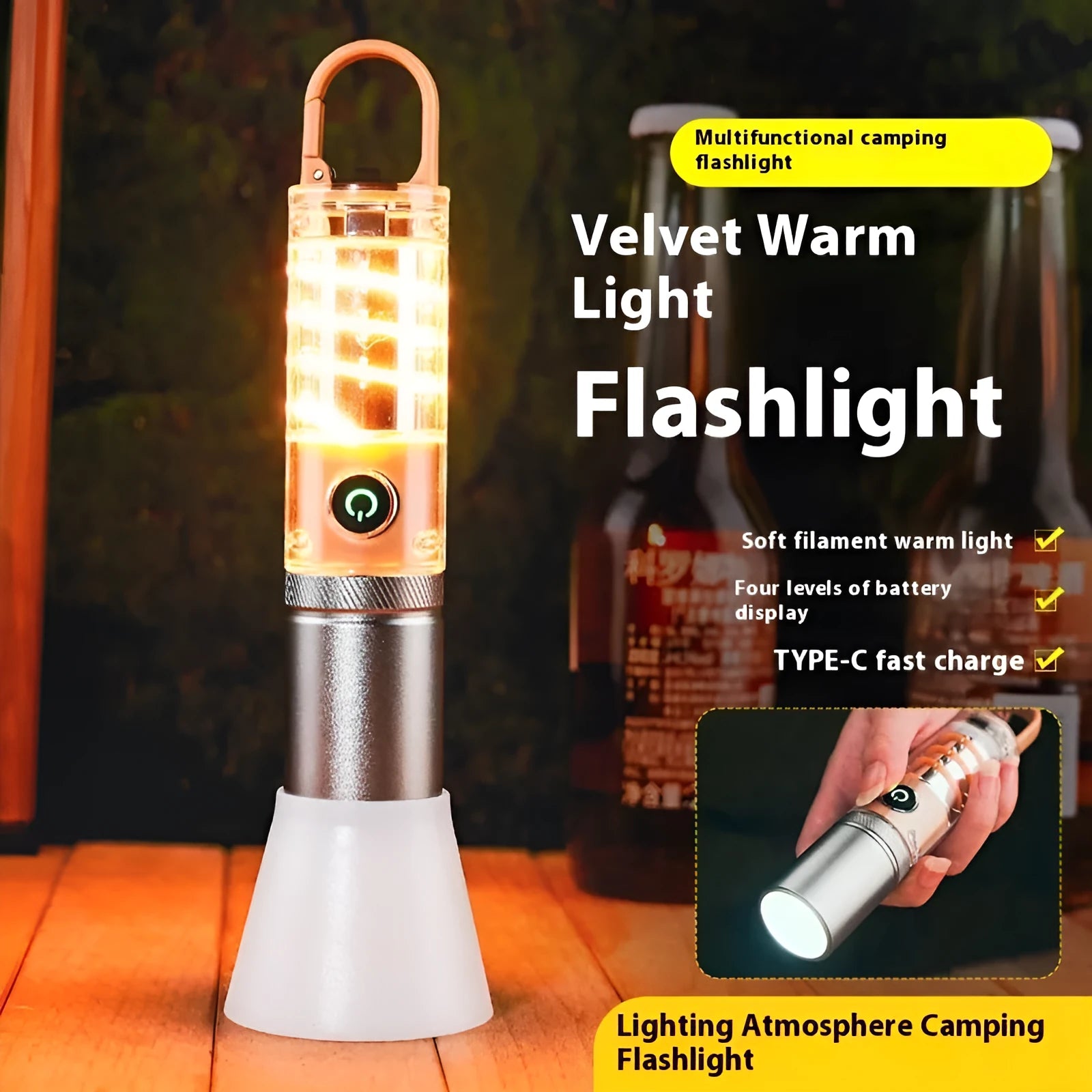 Orange multifunctional 10W flashlight with hook, keychain, and optical zoom on a white background.
