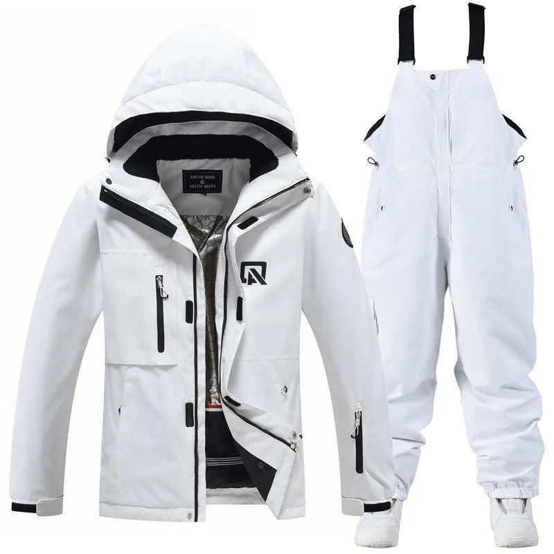 Blue and black unisex winter ski suit jacket and pants for snow sports.
