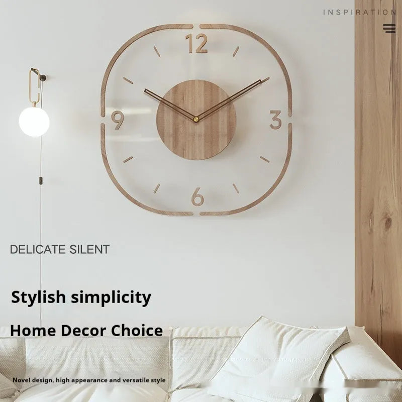 Transparent wooden wall clock with square 35cm dial in modern framed and frameless designs