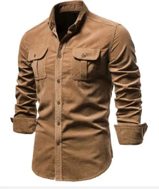 Men's casual long-sleeve linen shirt shown in multiple colours including denim blue, army green, and red.
