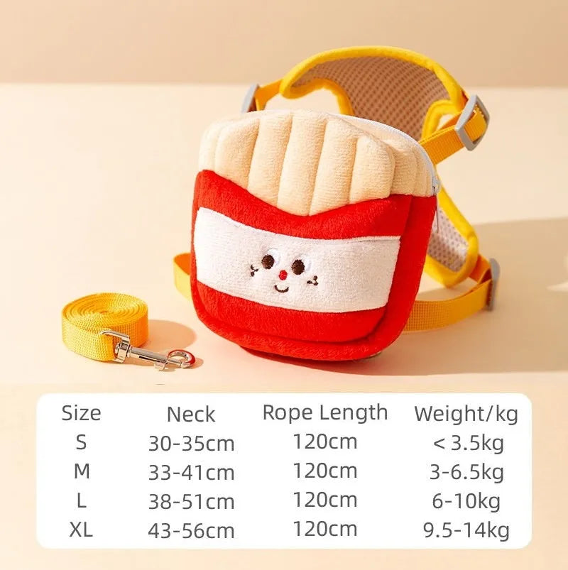 Cartoon hamburger chips design adjustable vest leash for cats and dogs with escape-proof construction