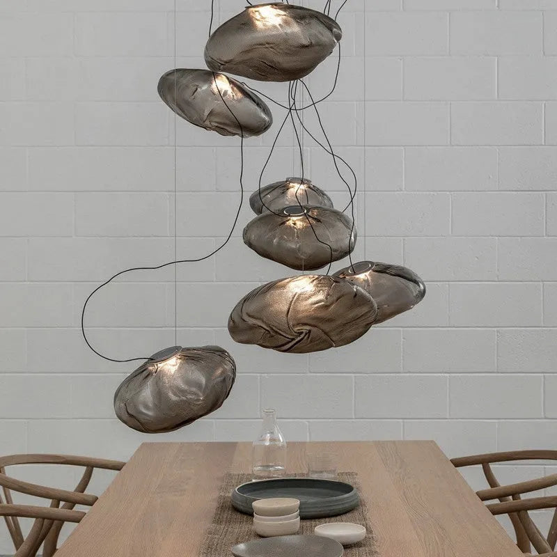 Modern European fabric chandelier with glass shade in amber, clear, or smoke grey colours
