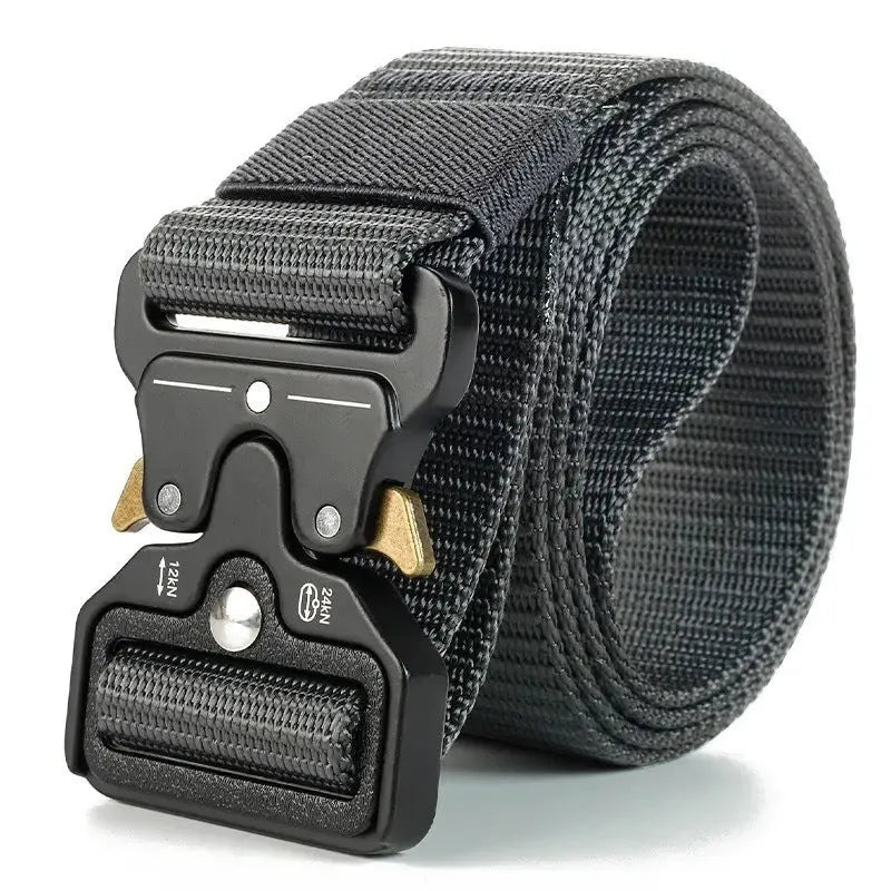 Men's thick canvas tactical belt with alloy buckle in 120cm length on colour background
