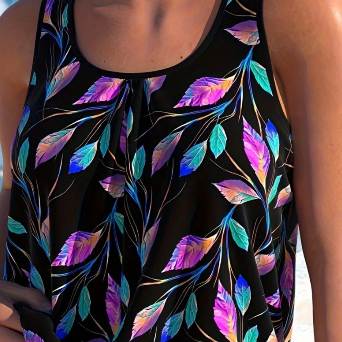 Women's leaf design swimsuit set with top and shorts in polyester fabric, available in plus sizes