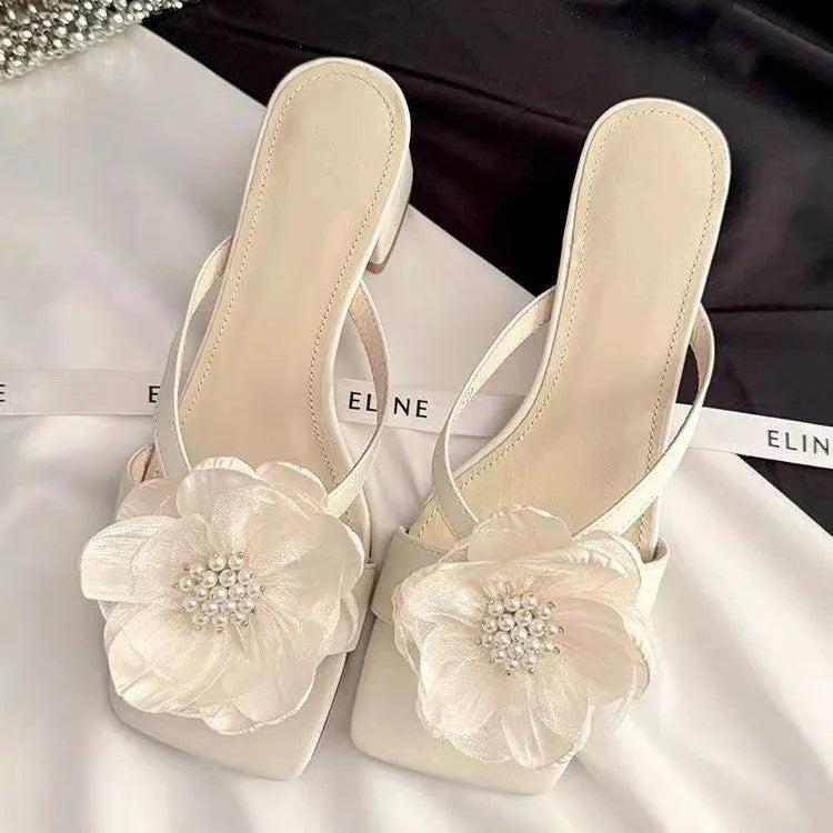 Women's chunky heel square toe sandals with fashion flower detail in satin material