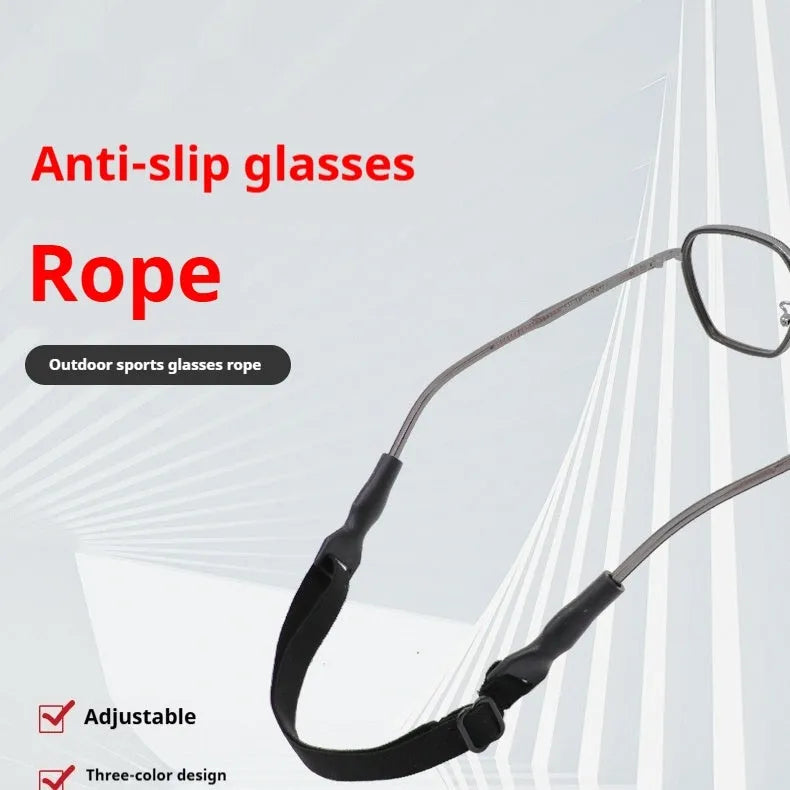 Black adjustable glasses cord with silicone earpiece ends shown on spectacles