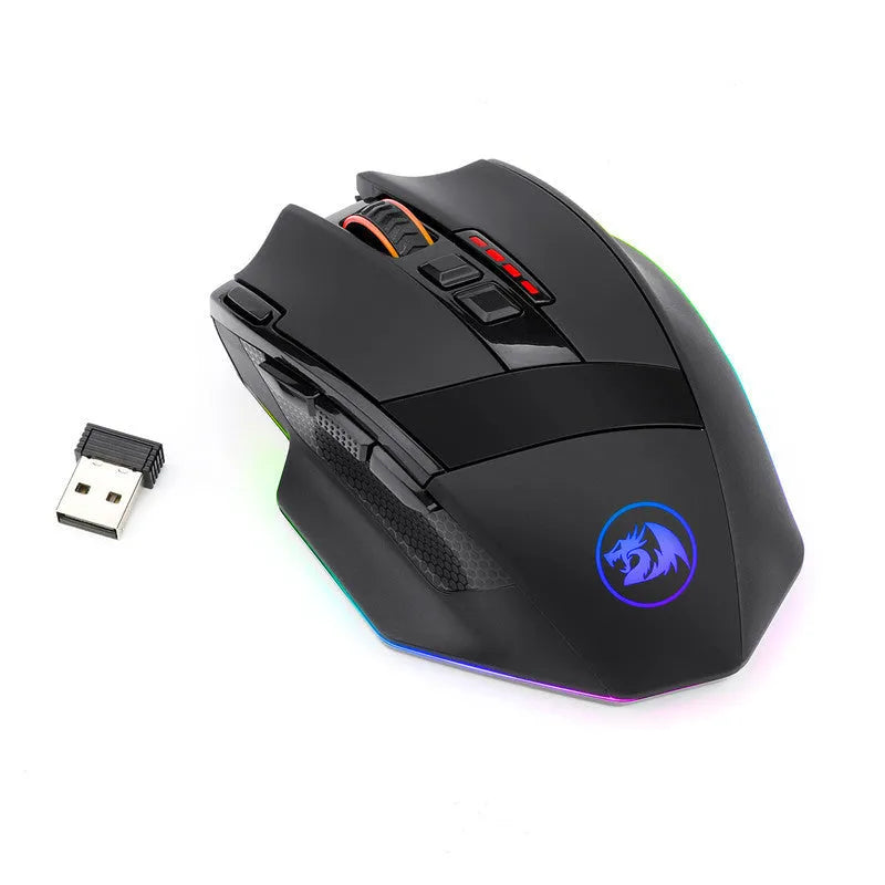 Black Redragon M801P dual mode wireless and wired gaming mouse with multiple buttons.