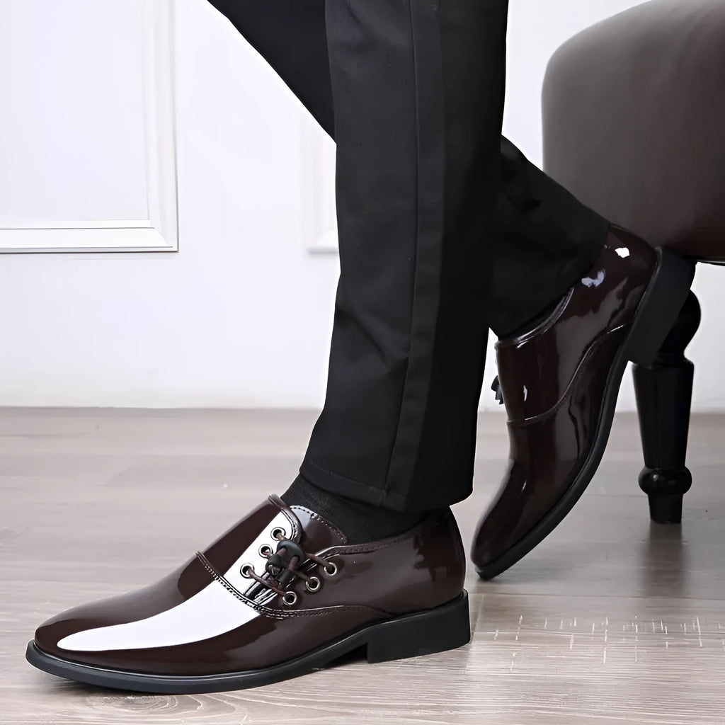 Men's black and brown formal lace-up shoes with round toe and square rubber sole.