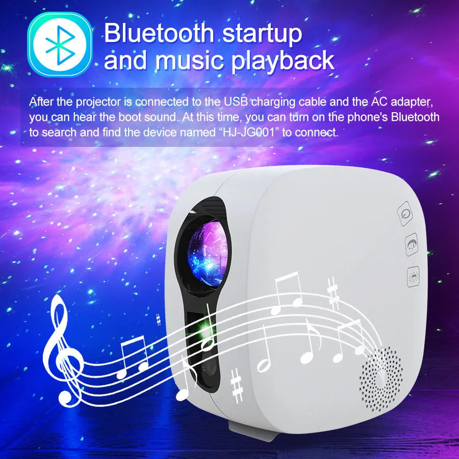 Laser starry sky projection lamp projecting colourful nebula patterns on wall with Bluetooth music capability