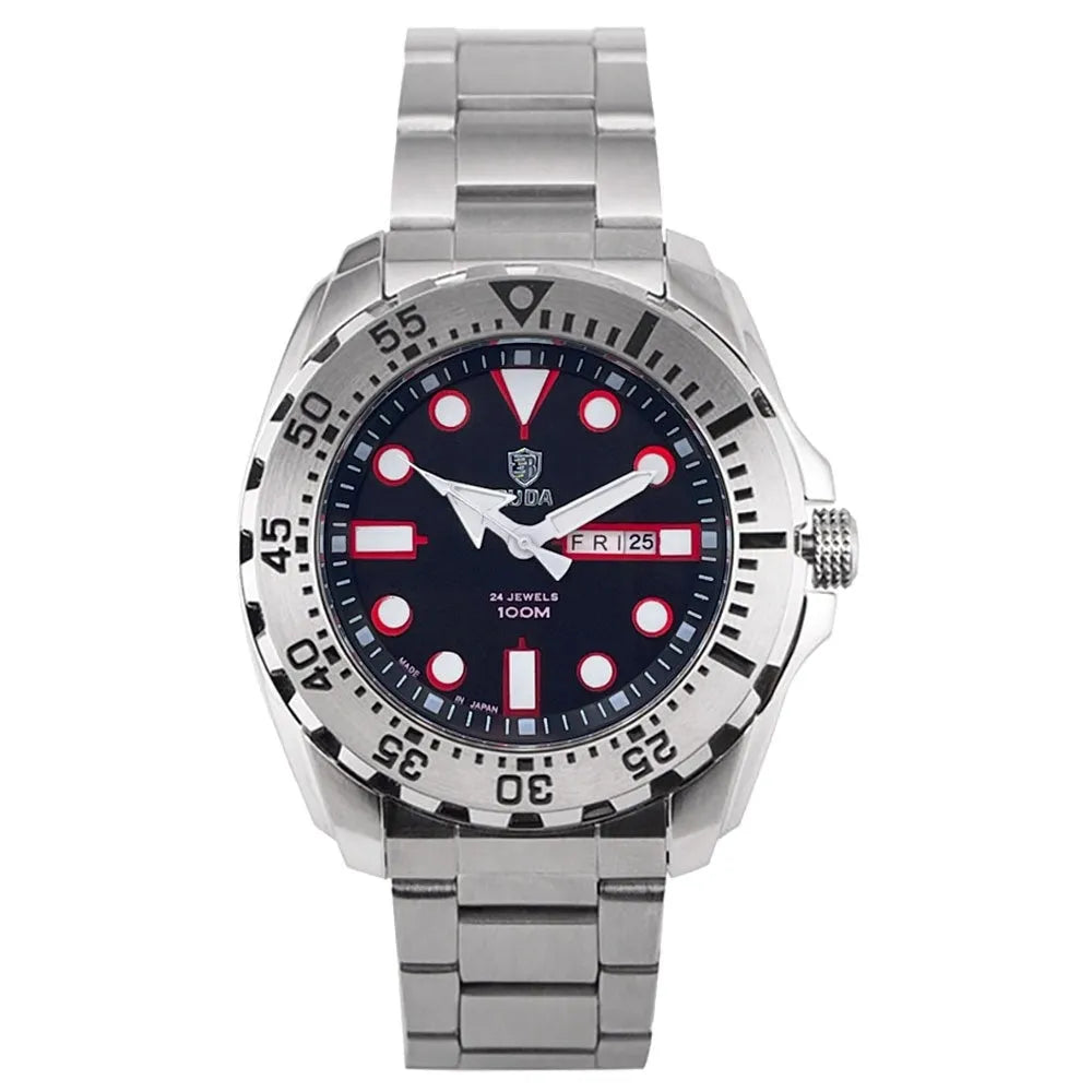 Men's waterproof luminous watch with blue dial on a steel bracelet.