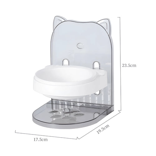 Grey adjustable height cat feeding bowl with cat ears and removable cage on a white background.