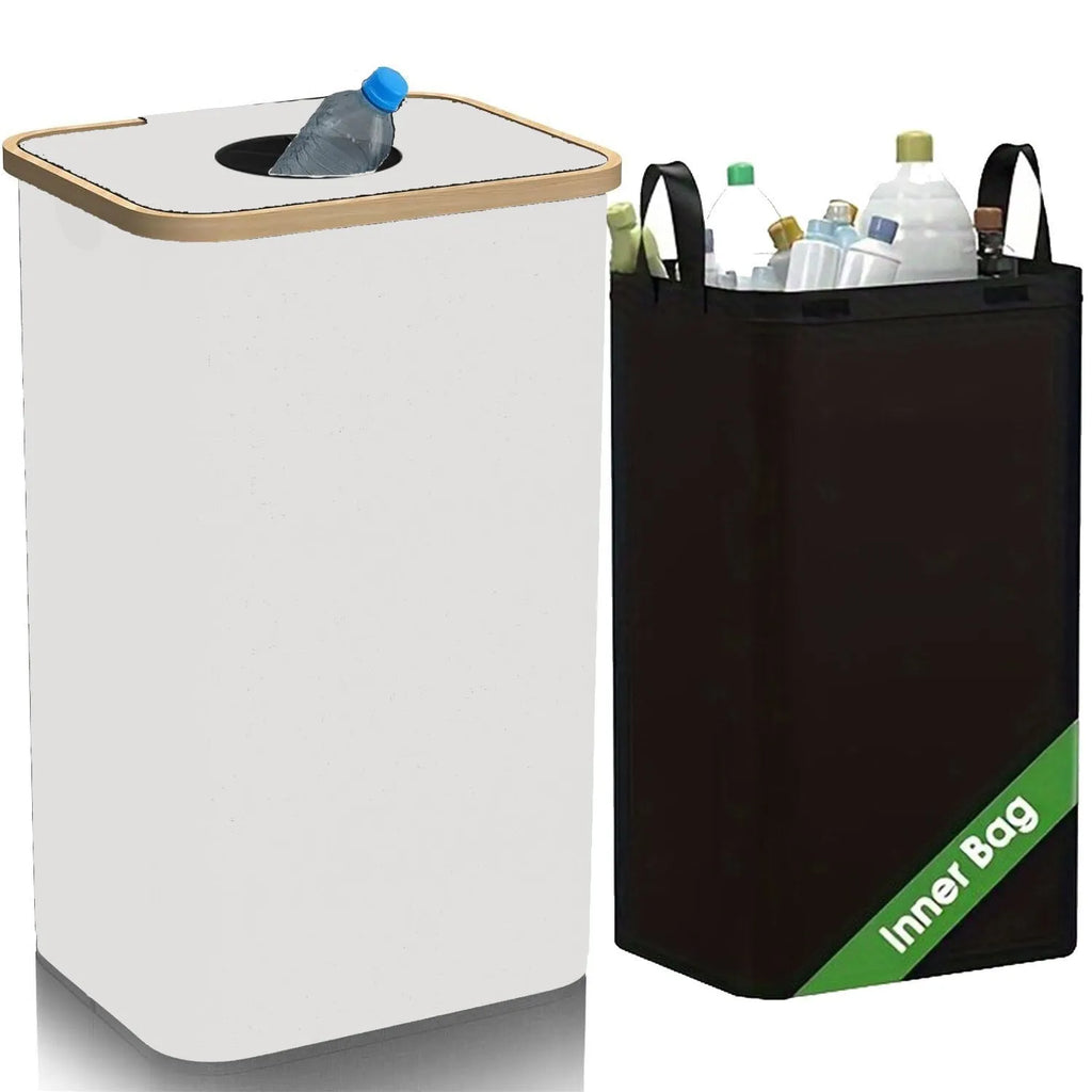Black bamboo laundry basket with removable lid and bottle storage compartment