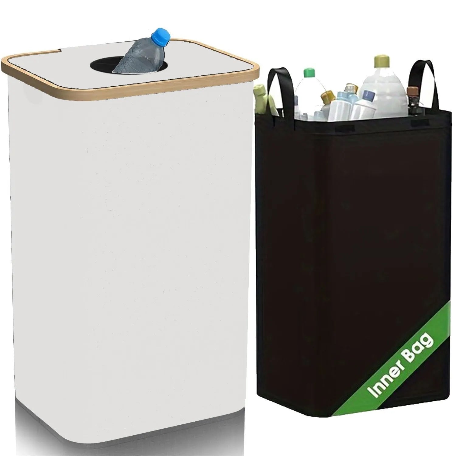 Black bamboo laundry basket with removable lid and bottle storage compartment