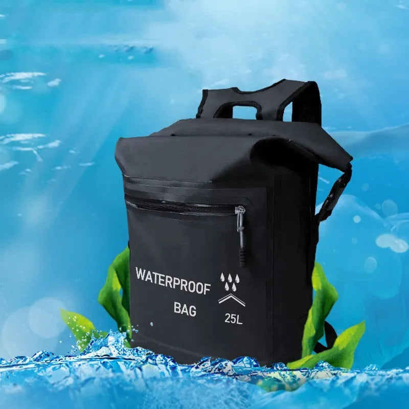 Black 25L outdoor waterproof backpack for swimming river tracing rafting