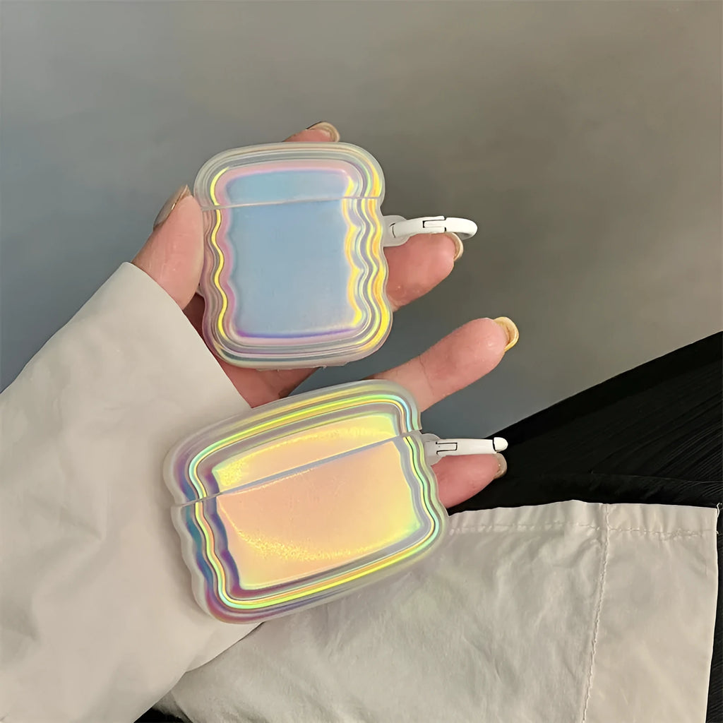 Silicone AirPods case with colourful laser engraving and ring detailing showing compatibility with multiple models