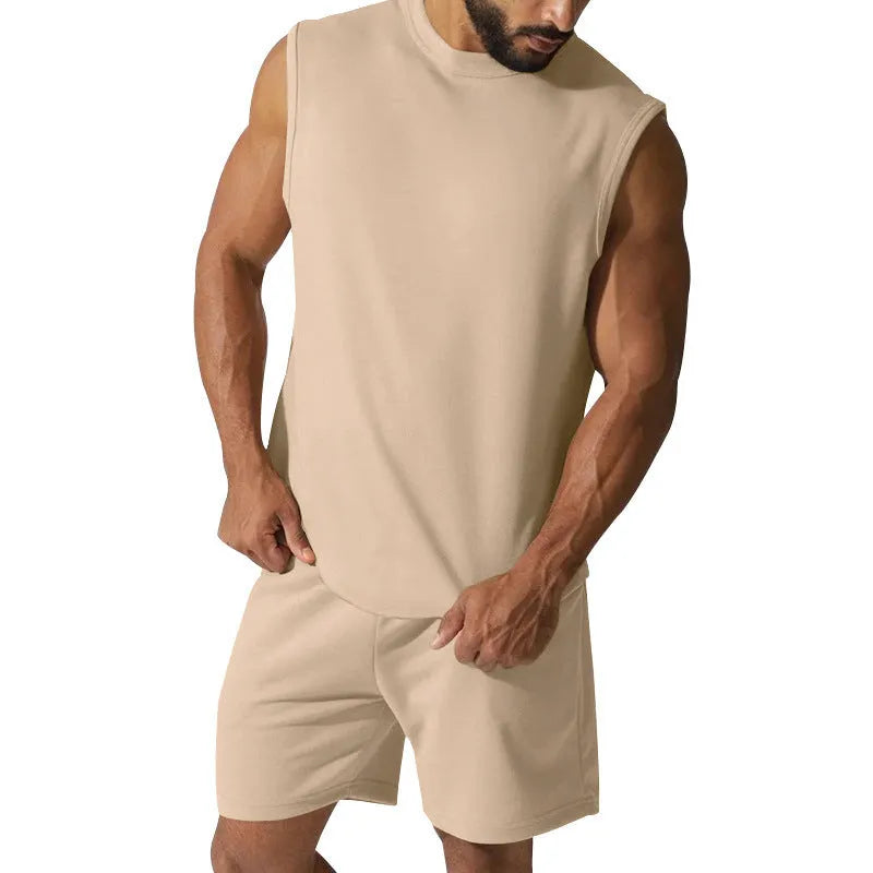 Men's sleeveless cotton-blend sports top and shorts set in a solid colour