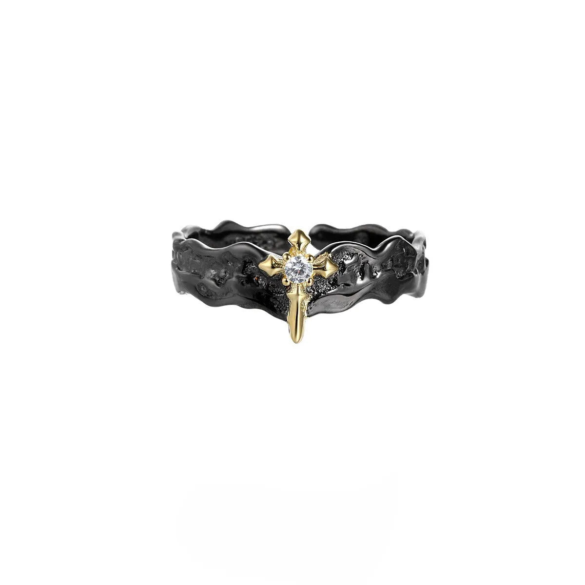 Silver adjustable opening ring with princess knight couple design in white gold or black gold electroplated finish