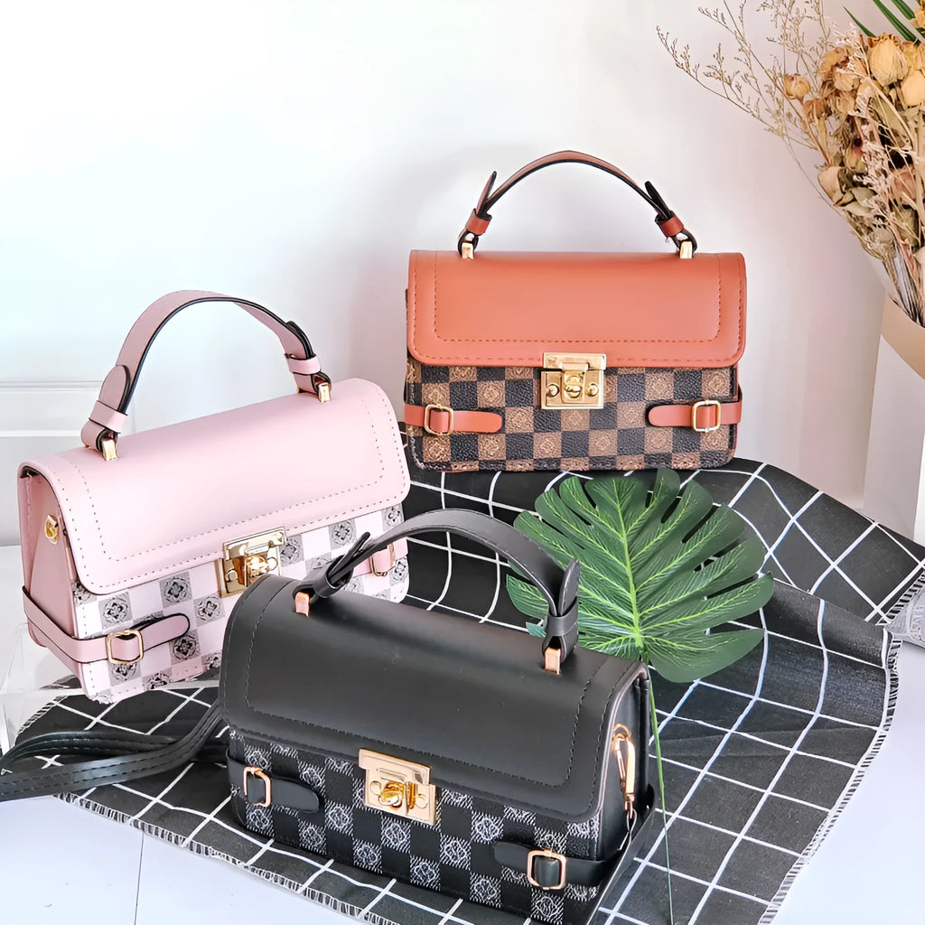 Square ethnic crossbody bag with floral stitching and plaid pattern design