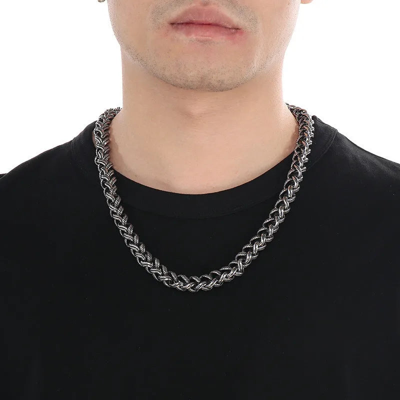 Men's titanium steel keel chain necklace in antique silver with geometric design and adjustable length