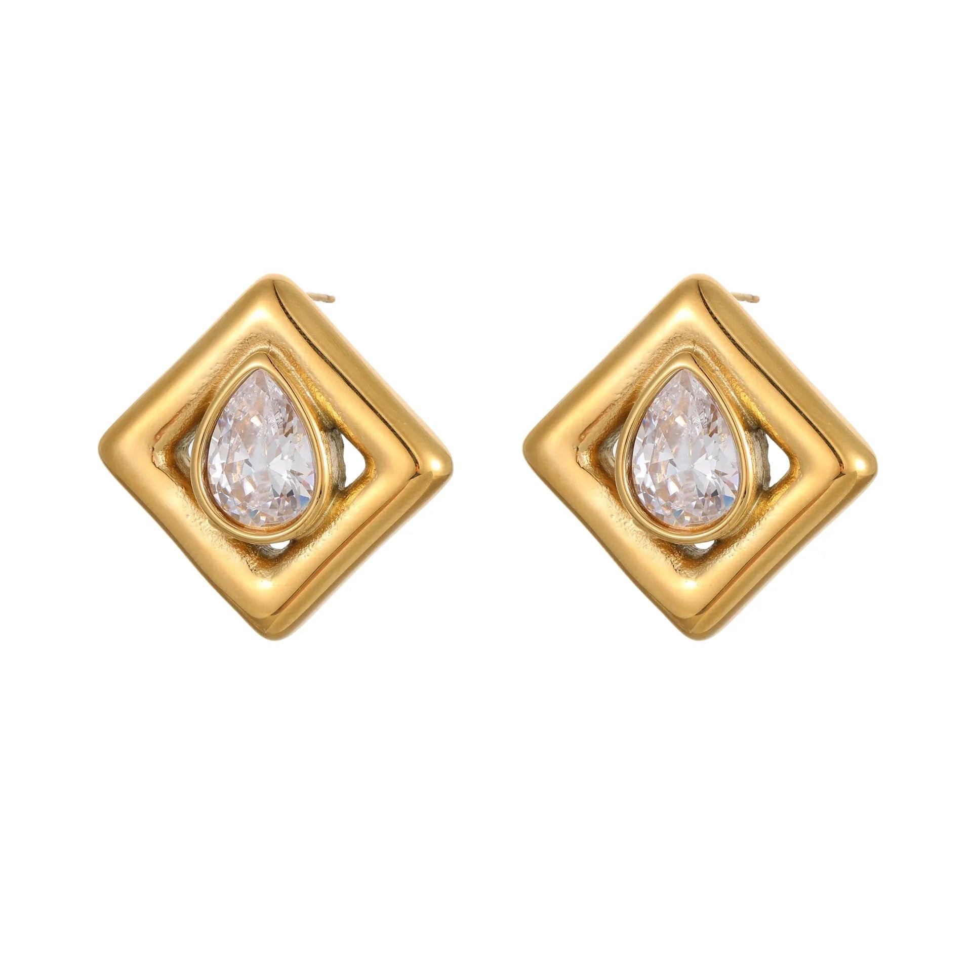 Gold geometric stud earrings with water drop zircon design on stainless steel