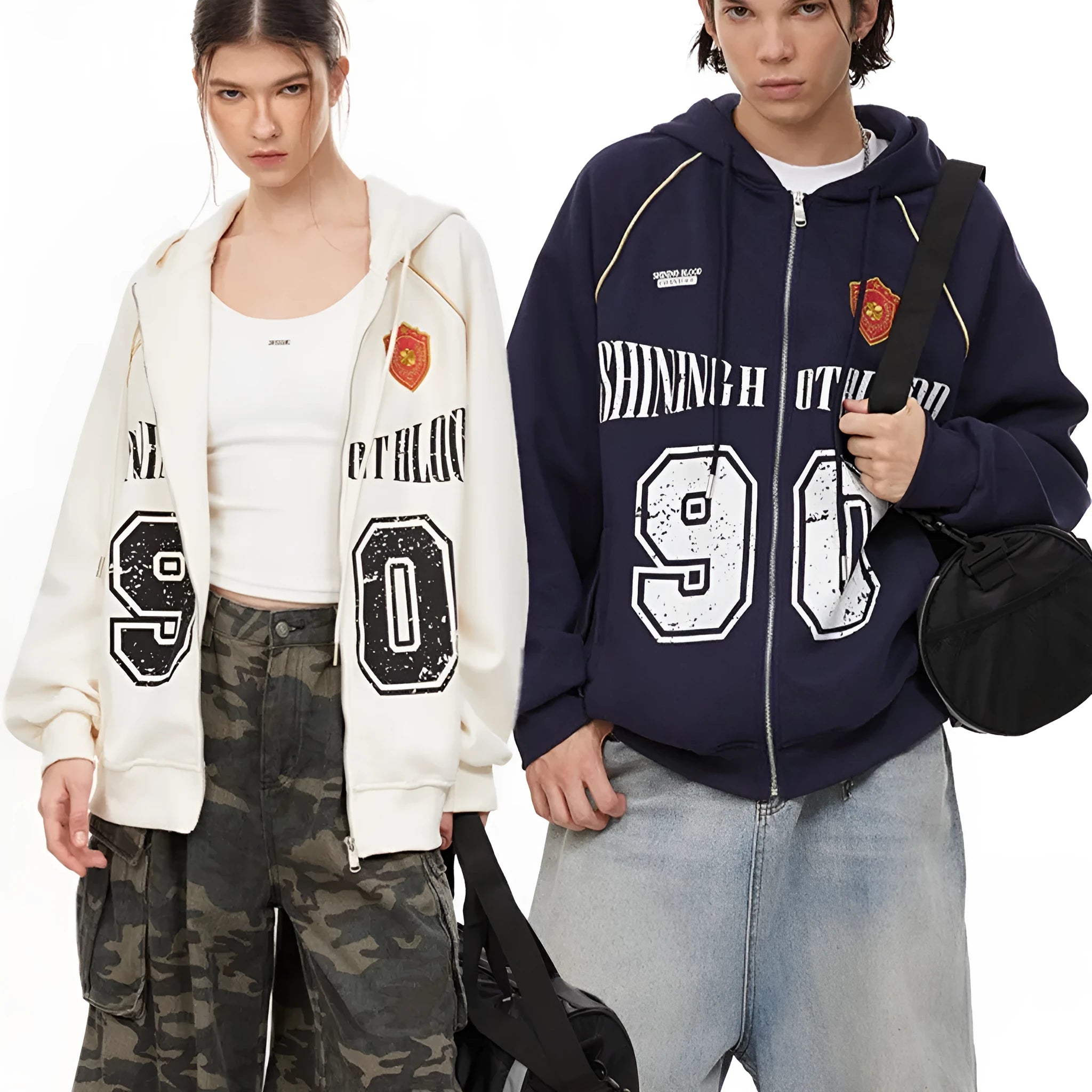 Women's loose American retro jacket with letter embroidery in cotton blend fabric, shown in apricot colour