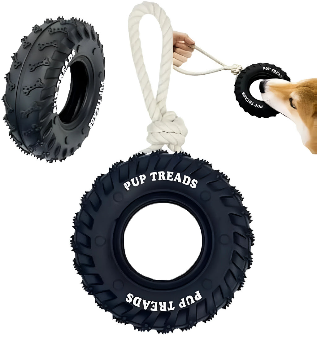 Natural rubber tyre dog chew toy with rope, 35cm, for aggressive chewers, in Black or Blue