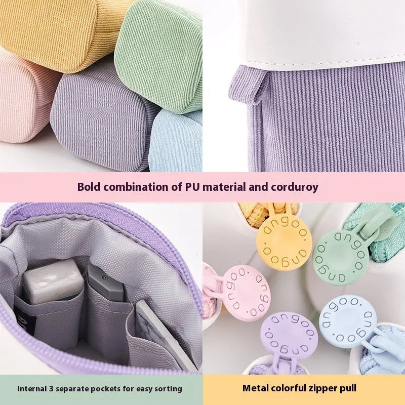 Korean style telescopic stationery case in purple PU corduroy made from cotton and linen.
