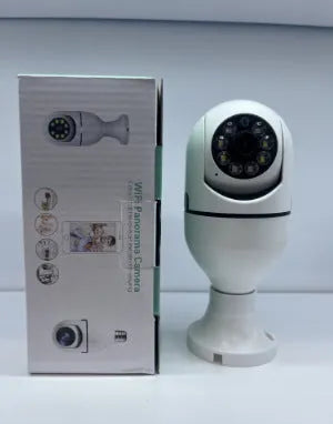 White wireless bulb security camera with lens, dimensions 5cm by 12cm