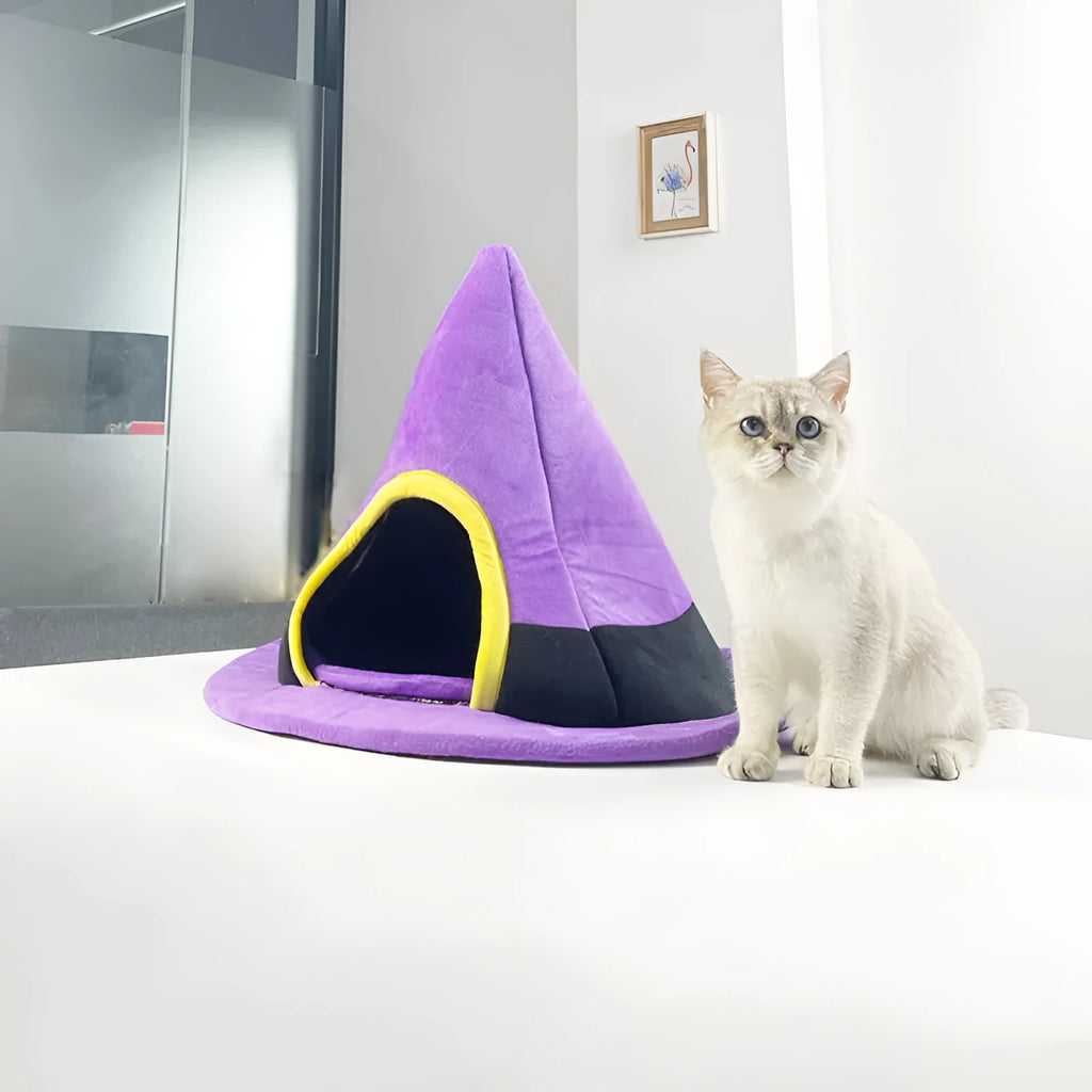 Purple Halloween witch hat shaped cat nest bed measuring 60x45cm with cloth fabric