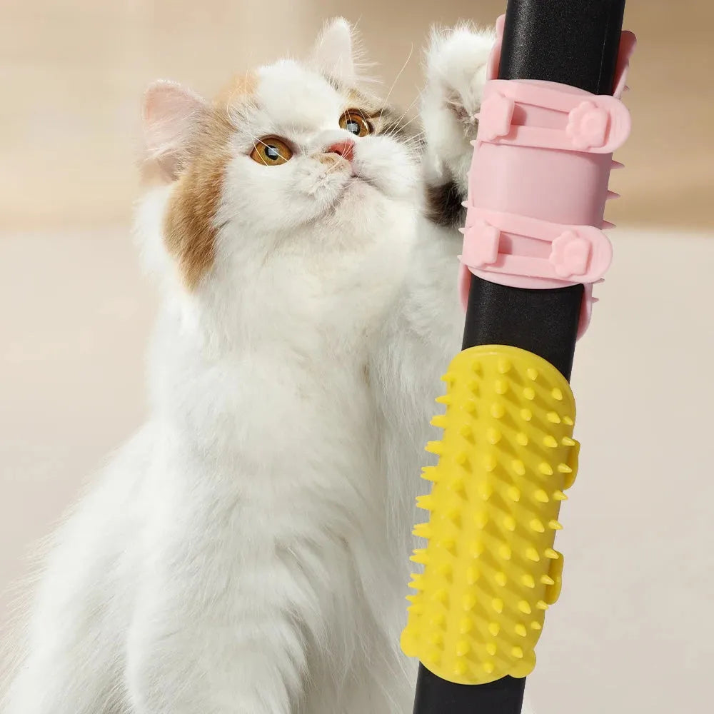Silicone pet grooming brush with comb teeth and adjustable strap in black, green, pink or yellow