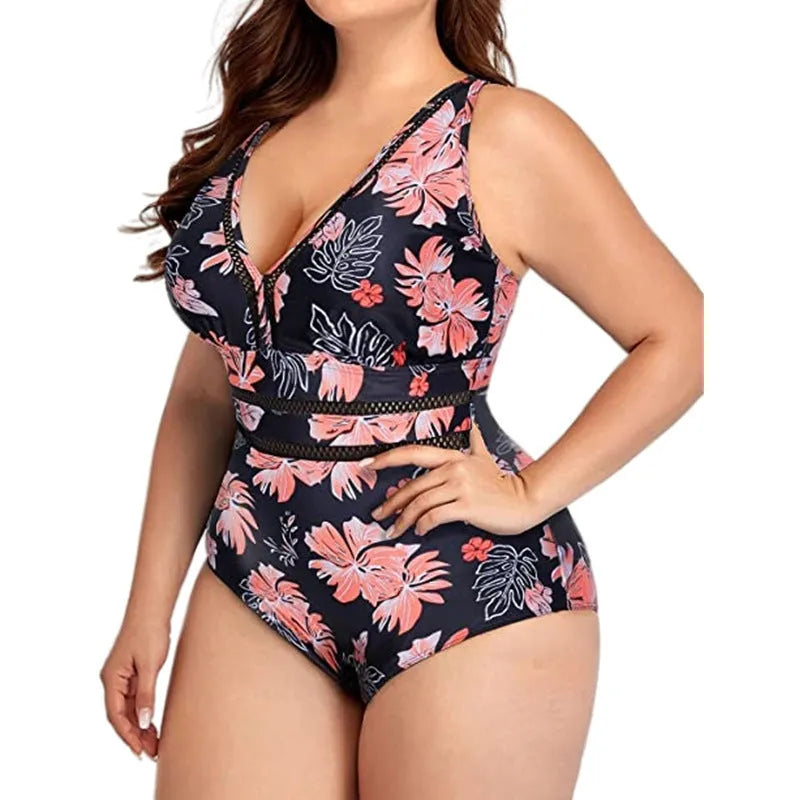 Black printed women's plus size bikini with mesh stitching details and sleeveless cut