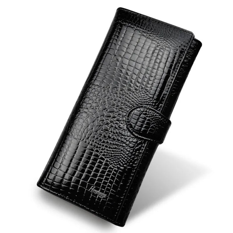 Women's genuine leather coin purse with crocodile pattern texture in wine red, black, and red colour options