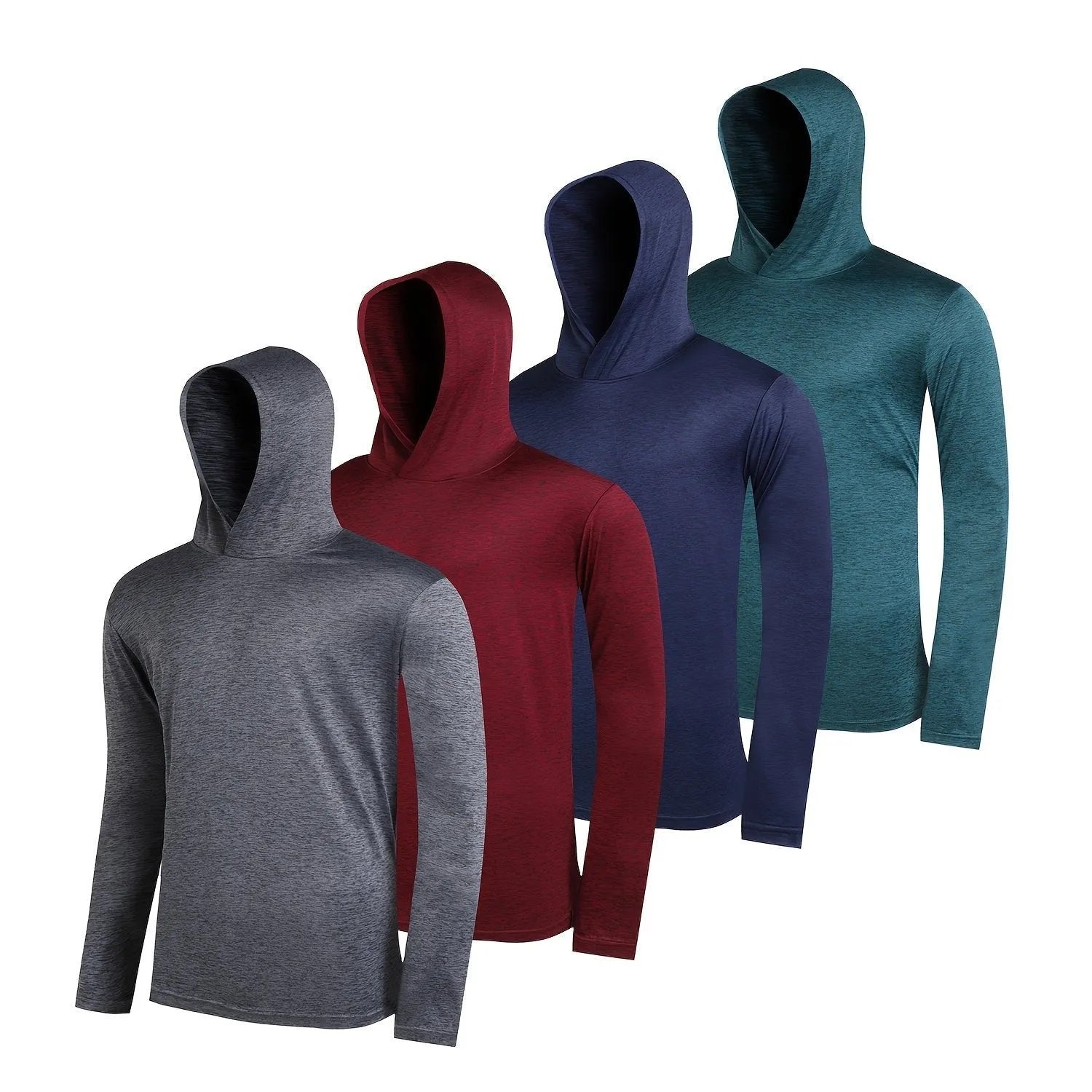 Men's lightweight polyester hoodie four-piece set in multiple colours showing hooded and non-hooded styles.