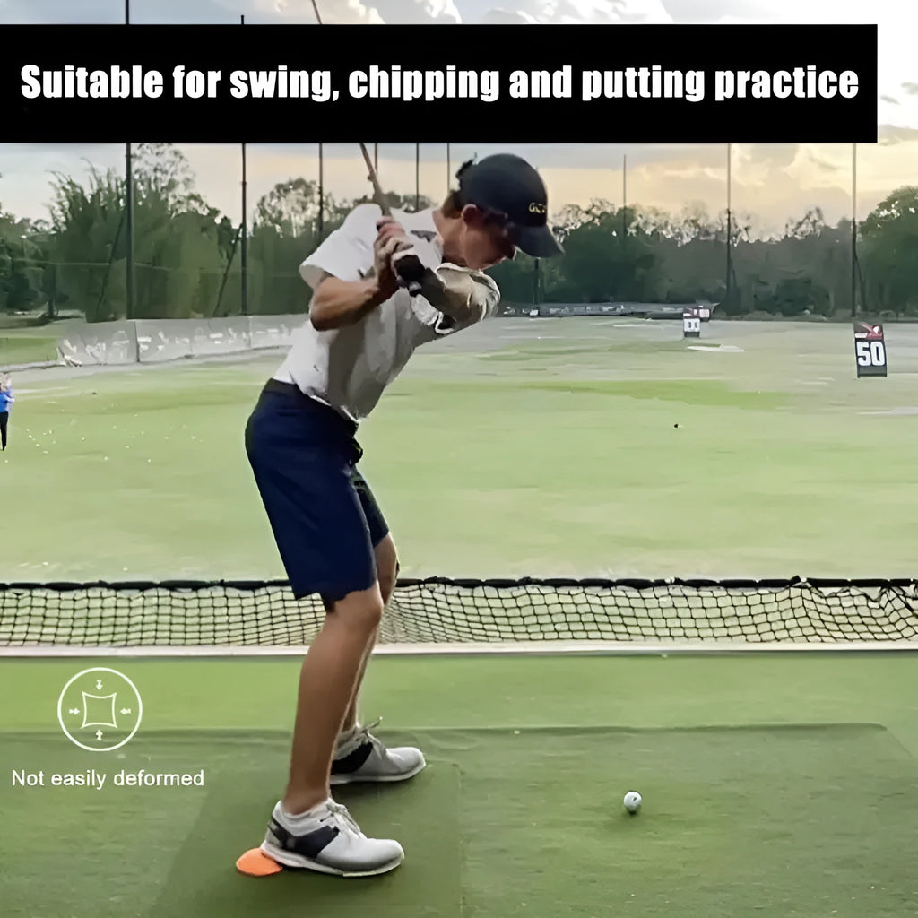 Orange circular rubber golf training mat for swing practice and centre of gravity work
