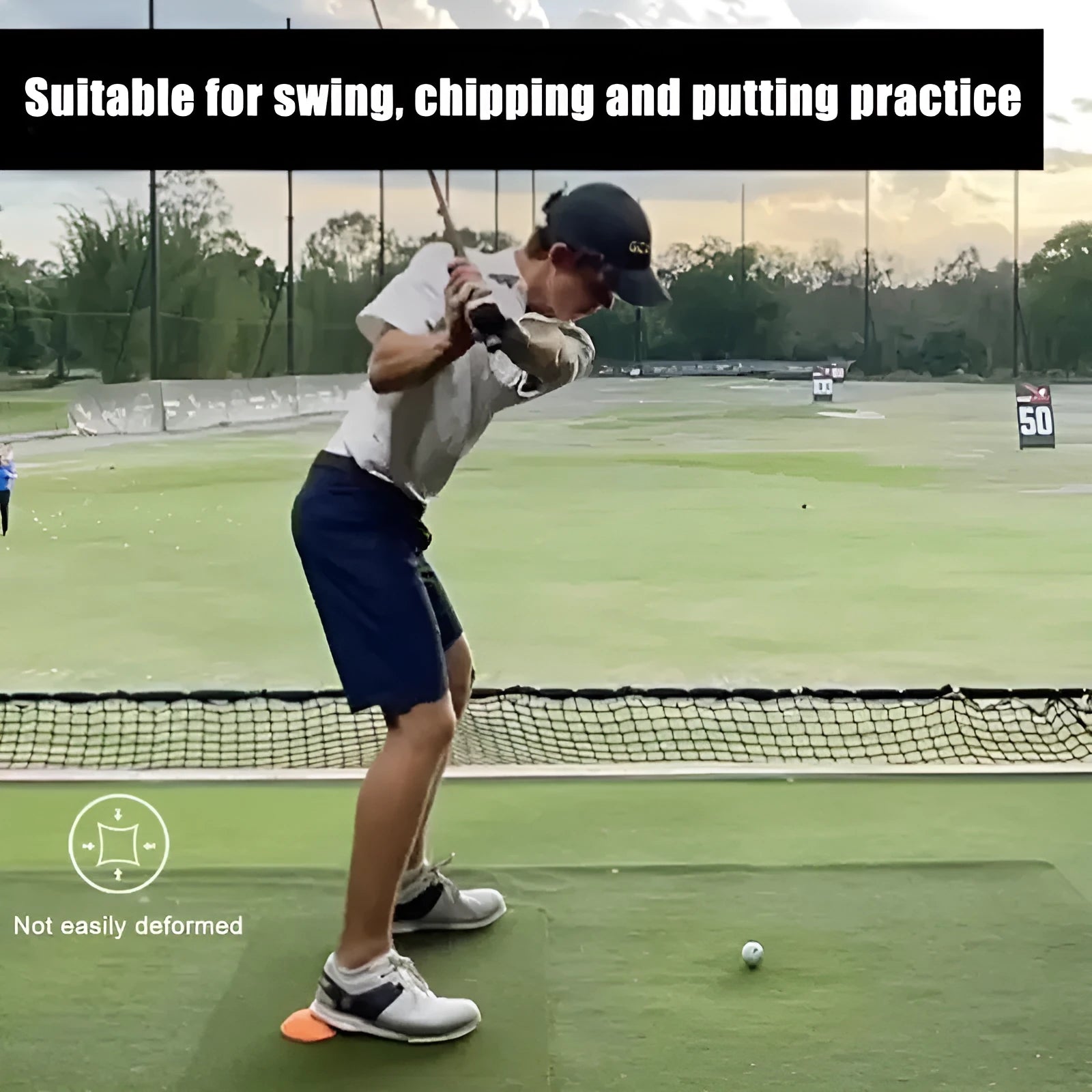 Orange circular rubber golf training mat for swing practice and centre of gravity work