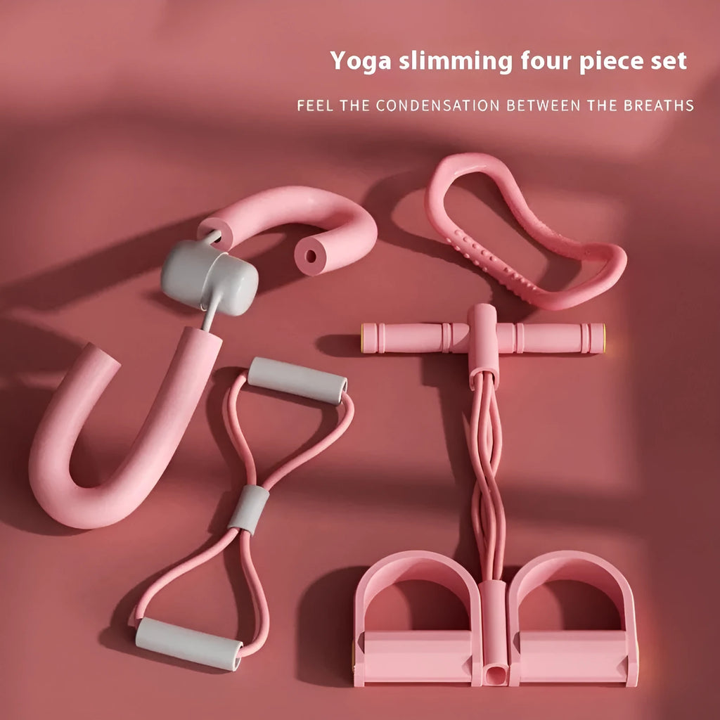 Yoga four-piece fitness set showing a leg stretching device, yoga ring, pedal expander, and figure-eight tension rope.