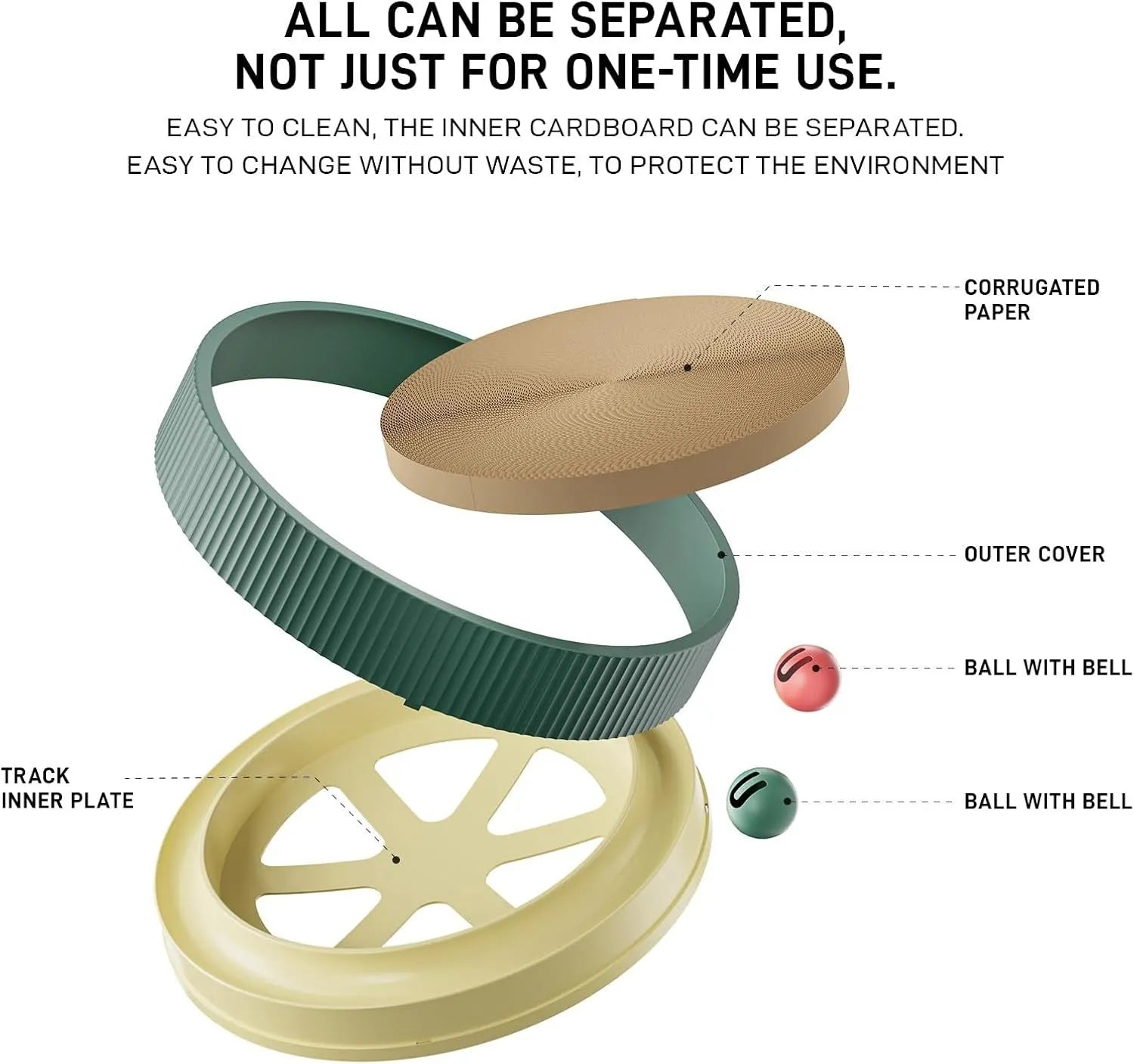 Large circular green cat scratching board with ball toys and a replaceable cardboard core