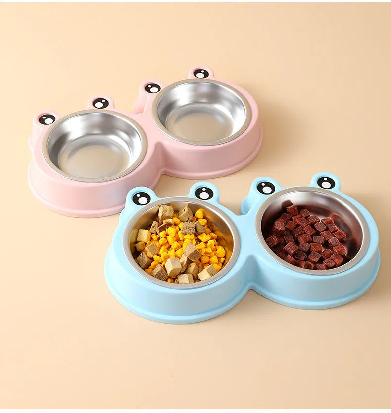 Blue frog-shaped pet double bowl with two stainless steel compartments for food and water