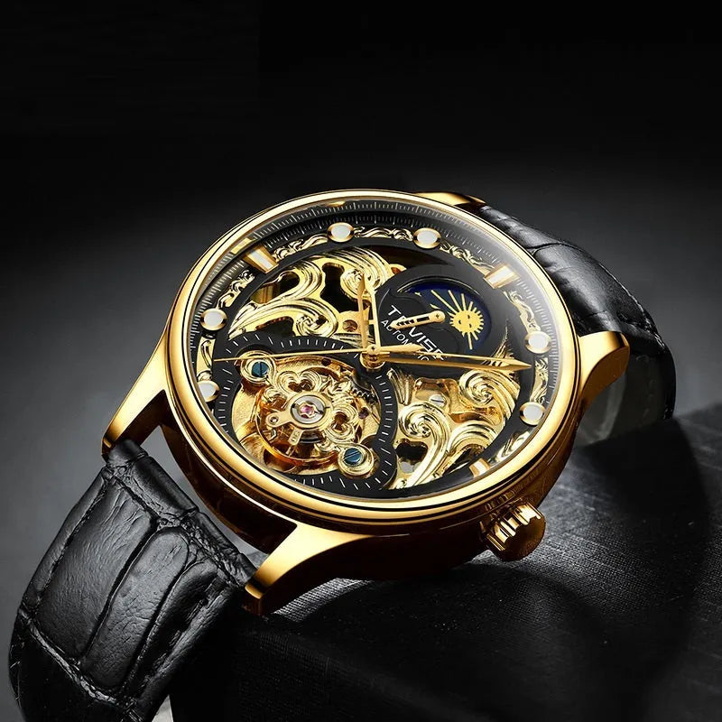 Men's gold and white leather strap waterproof automatic business watch