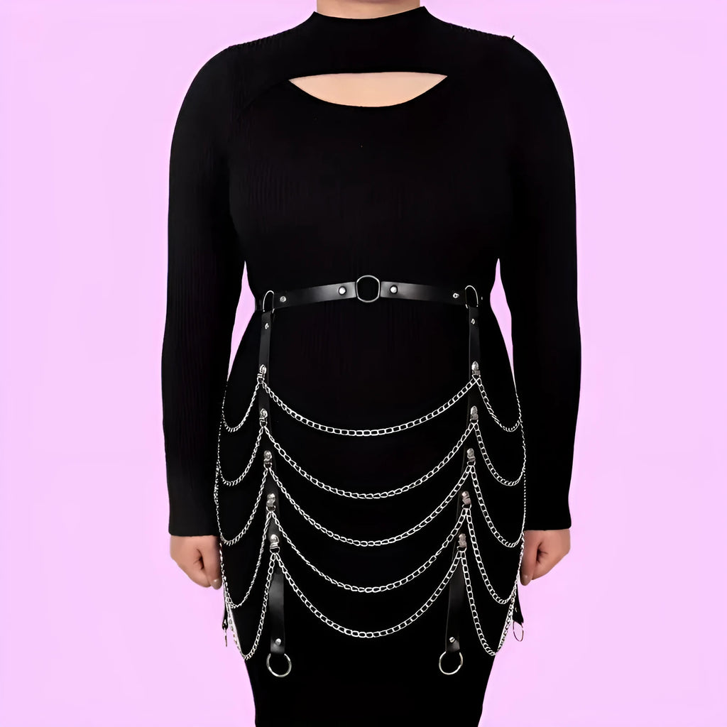 Black PU leather waist chain ornament with bandage binding design and adjustable clasp