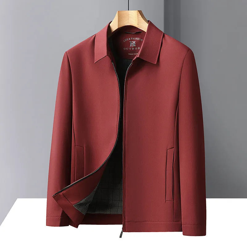 Men's polo collar casual jacket in polyester fabric with side seam pockets, loose fit
