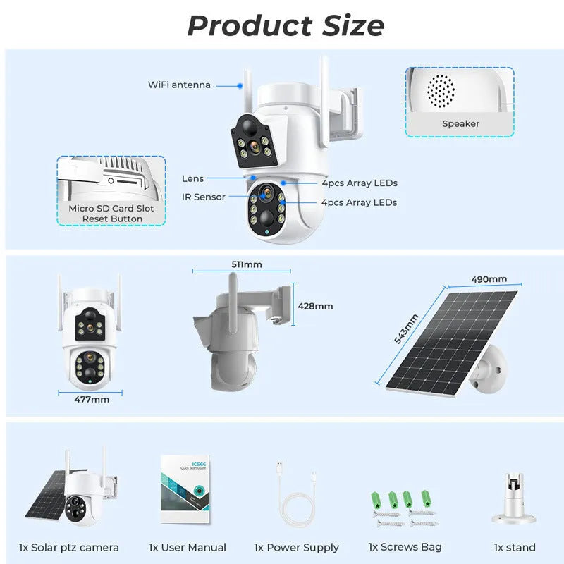 Outdoor solar-powered wireless wifi security camera with solar panel in black or white finish