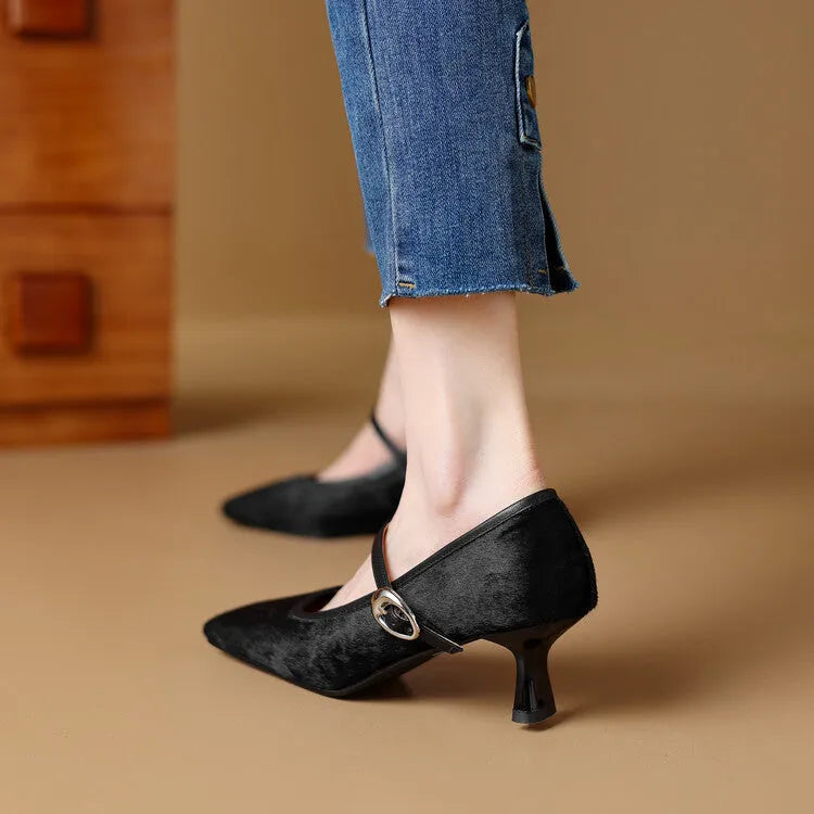 Women's black square toe stiletto ankle-strap shoes with horse hair upper and buckle closure