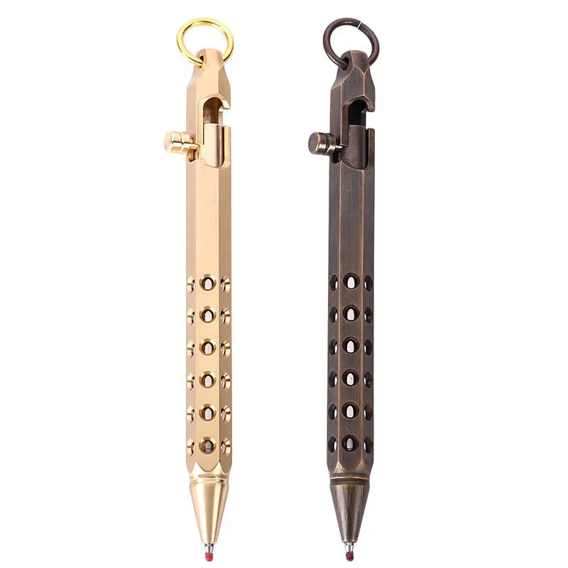 Brass hexagonal bolt pen with 0.5MM refill in natural or black finish measuring 13cm