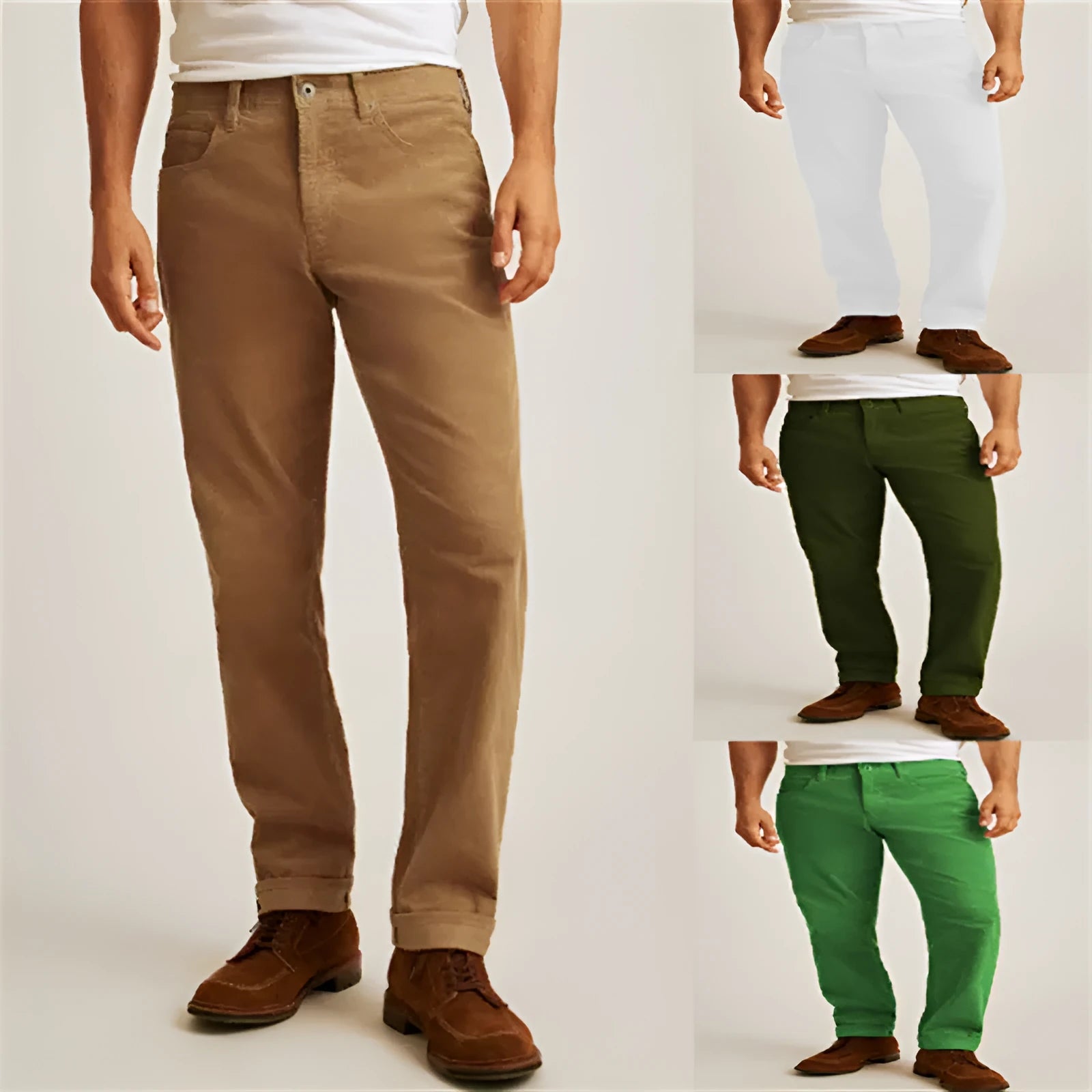 Corduroy straight-leg casual trousers in green colour with mid waist design and zip fly