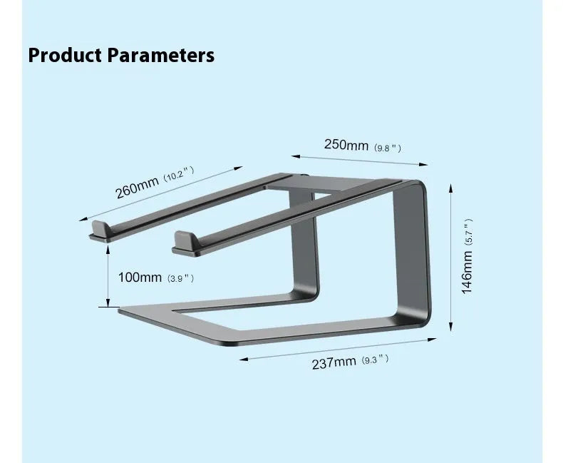 Aluminium alloy laptop desktop riser in black or silver colour with 18.5cm height