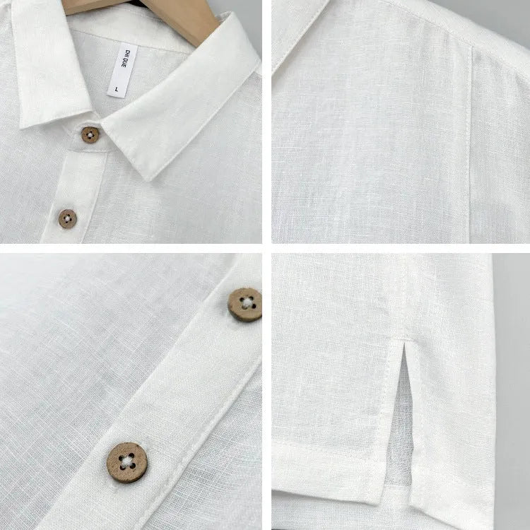 Men's loose fit linen summer top in grey green colour with short sleeves and thin lapels.